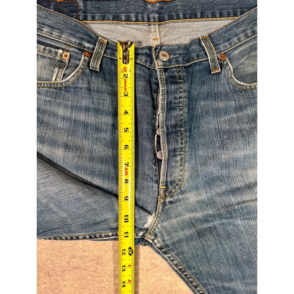 Levis 501 Jeans Mens 36x34 Blue Distressed Denim Cotton Button Fly Straight Leg